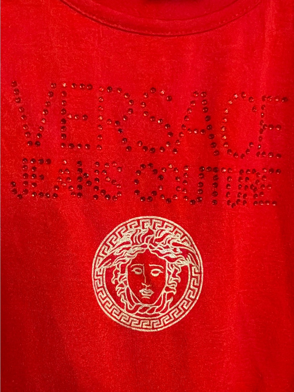 Vintage 1996 Versace Jeans Couture Red Medusa Rhinestone Bodysuit Made in Italy